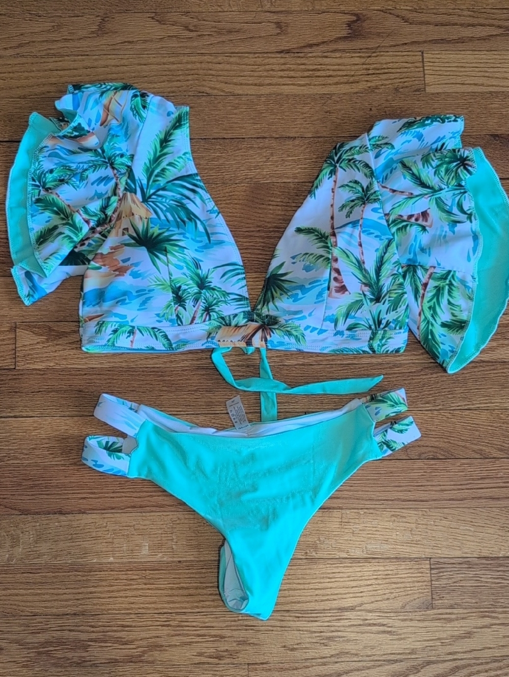 Ruffled Palm Print Aqua Bikini Set - Women's Swim